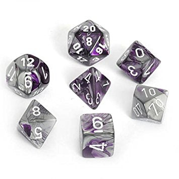 PURPLE & STEEL w/WHITE - 7-Die Gemini Dice Set
