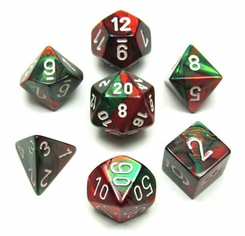 GREEN & RED w/WHITE - 7-Die Gemini Dice Set