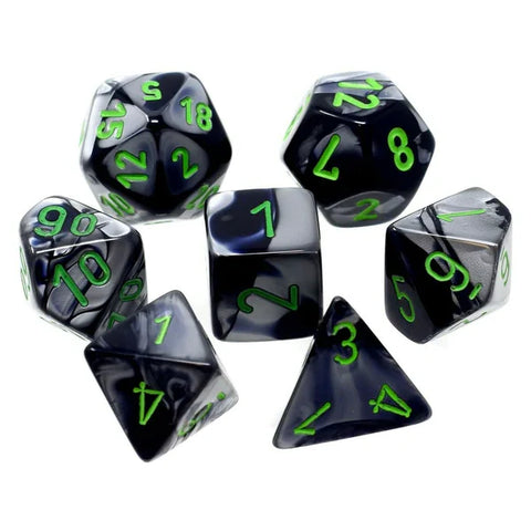 BLACK-GREY w/GREEN - 7-Die Gemini Dice Set