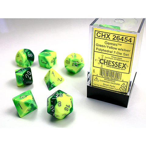 GREEN & YELLOW w/SILVER - 7-Die Gemini Dice Set
