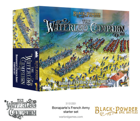 Packaging for 'Epic Battles: WATERLOO - Boneparte's French Army Starter Set' featuring an image of a historical battle scene with numerous miniature figures and artillery pieces.