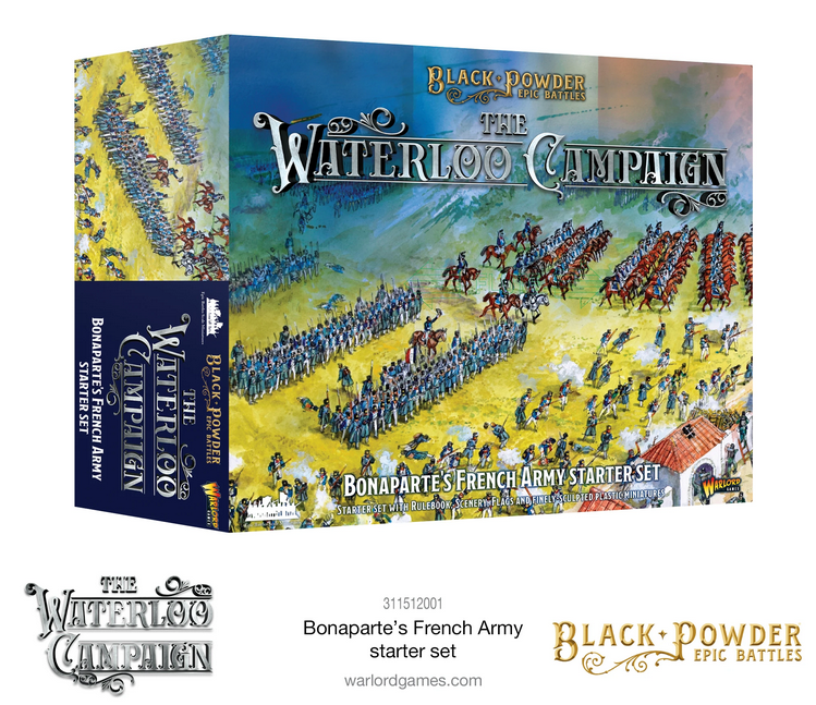 Packaging for 'Epic Battles: WATERLOO - Boneparte's French Army Starter Set' featuring an image of a historical battle scene with numerous miniature figures and artillery pieces.